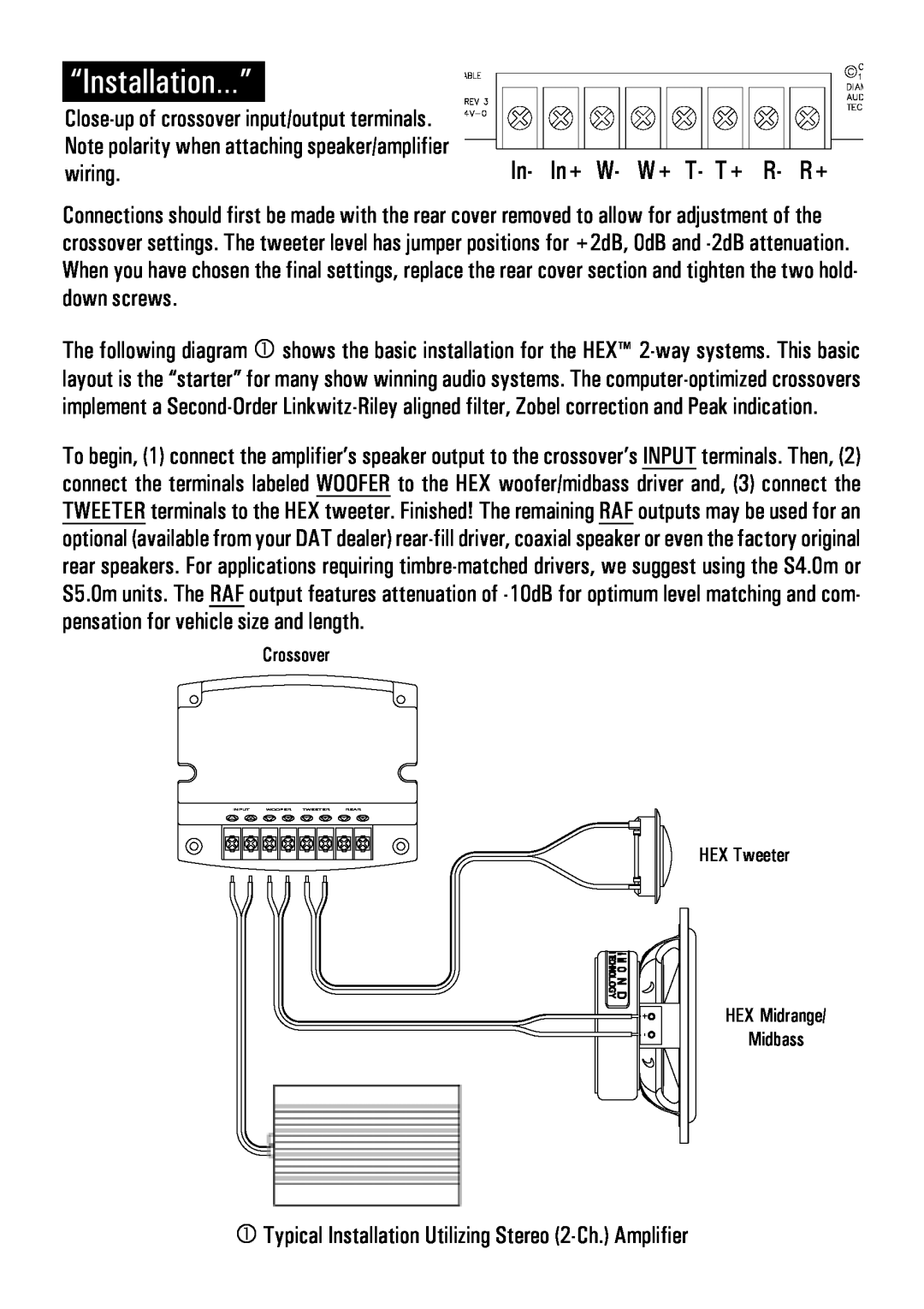 Diamond Audio Technology S600, S400, S500 manual “Installation…”, In- In+ W- W+ T- T+ R- R+, wiring 