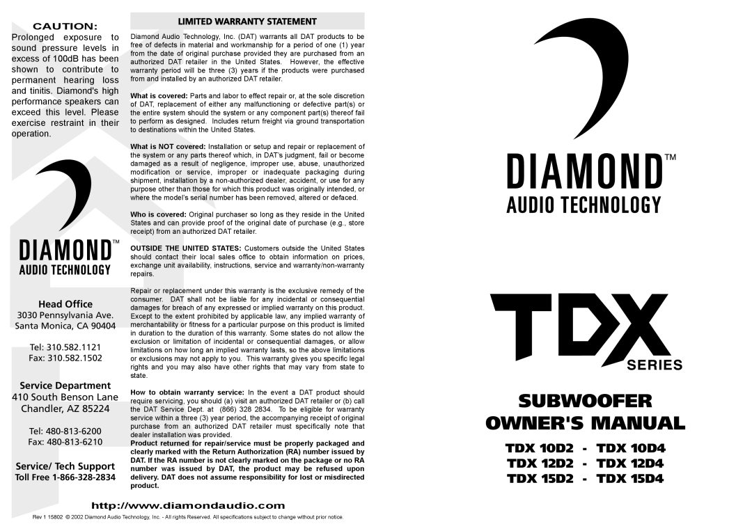 Diamond Audio Technology owner manual Subwoofer, TDX 10D2 TDX 10D4 TDX 12D2 TDX 12D4 TDX 15D2 TDX 15D4, Head Office 