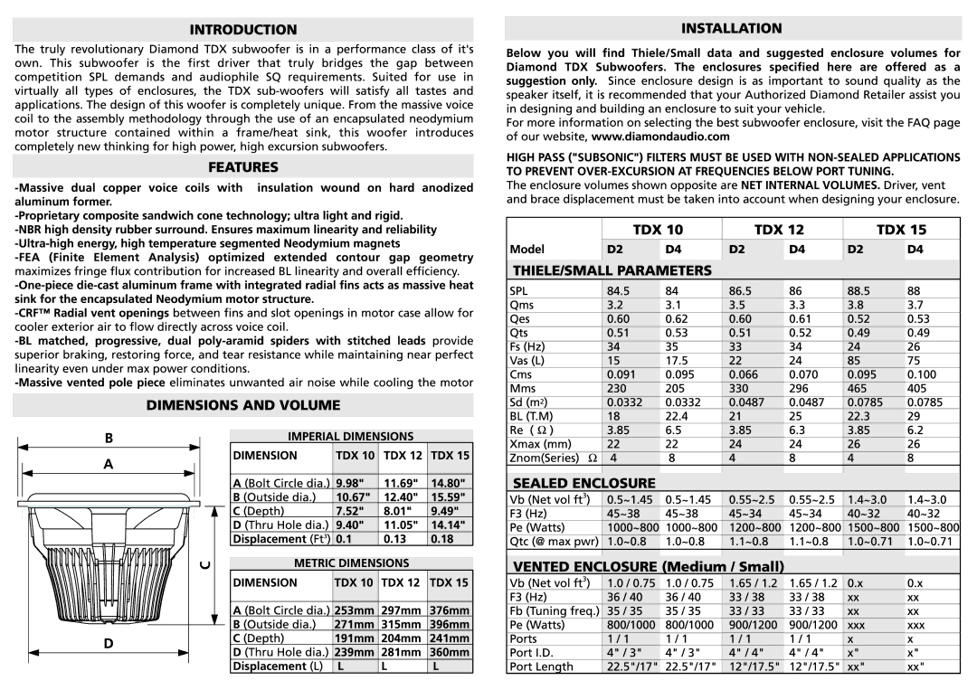 Diamond Audio Technology TDX 12D2, TDX 12D3, TDX 12D4, TDX 10D4, TDX 10D2, TDX 10D3 owner manual 