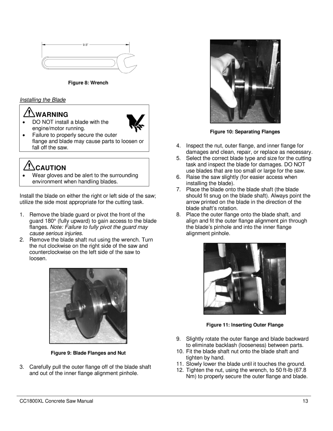 Diamond CC1800 manual Installing the Blade, Wrench 