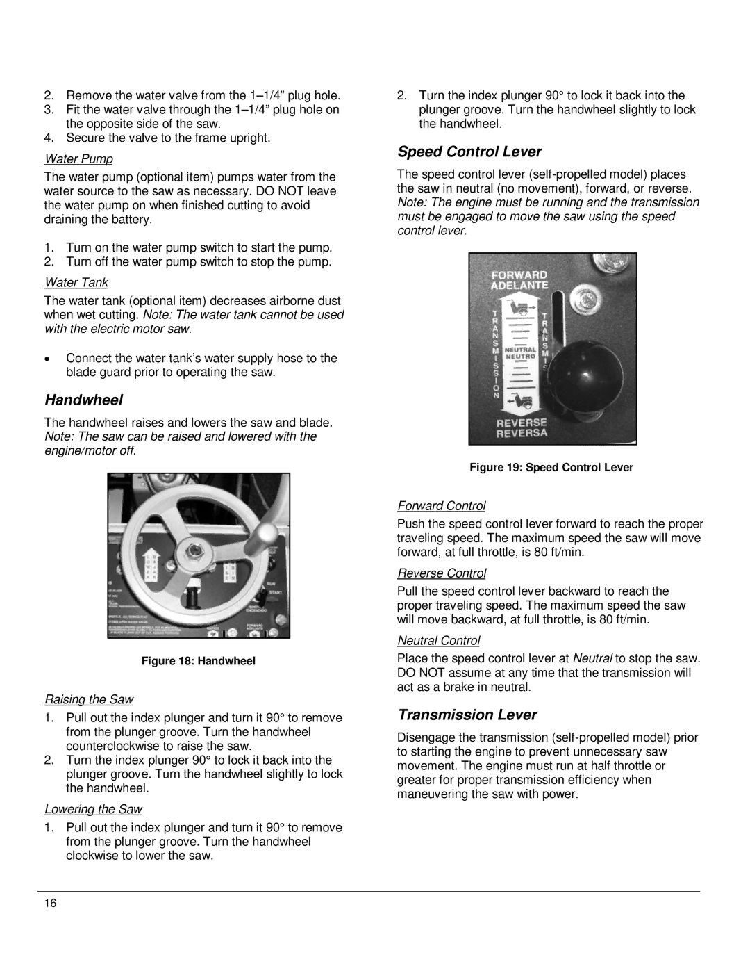 Diamond CC1800 manual Handwheel, Speed Control Lever, Transmission Lever 