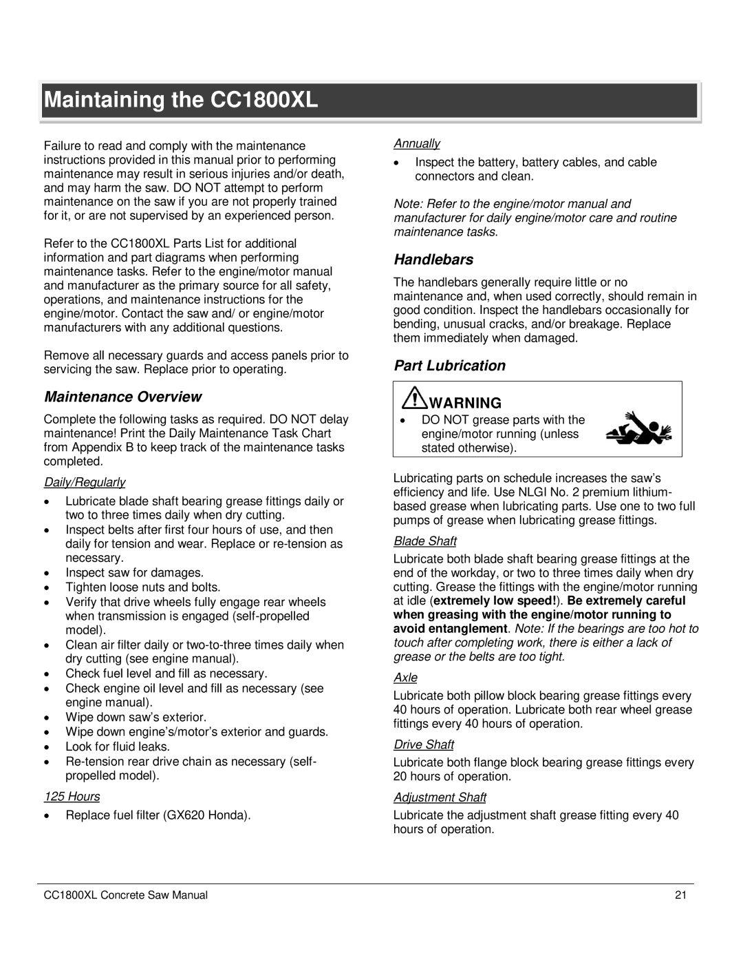 Diamond manual Maintaining the CC1800XL, Maintenance Overview, Part Lubrication 