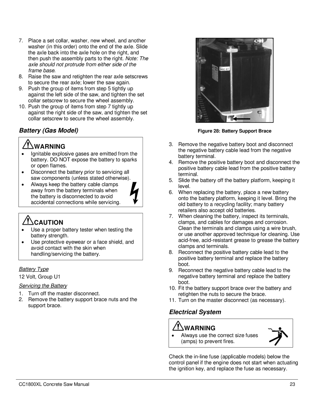 Diamond CC1800 manual Electrical System, Battery Type, Servicing the Battery 