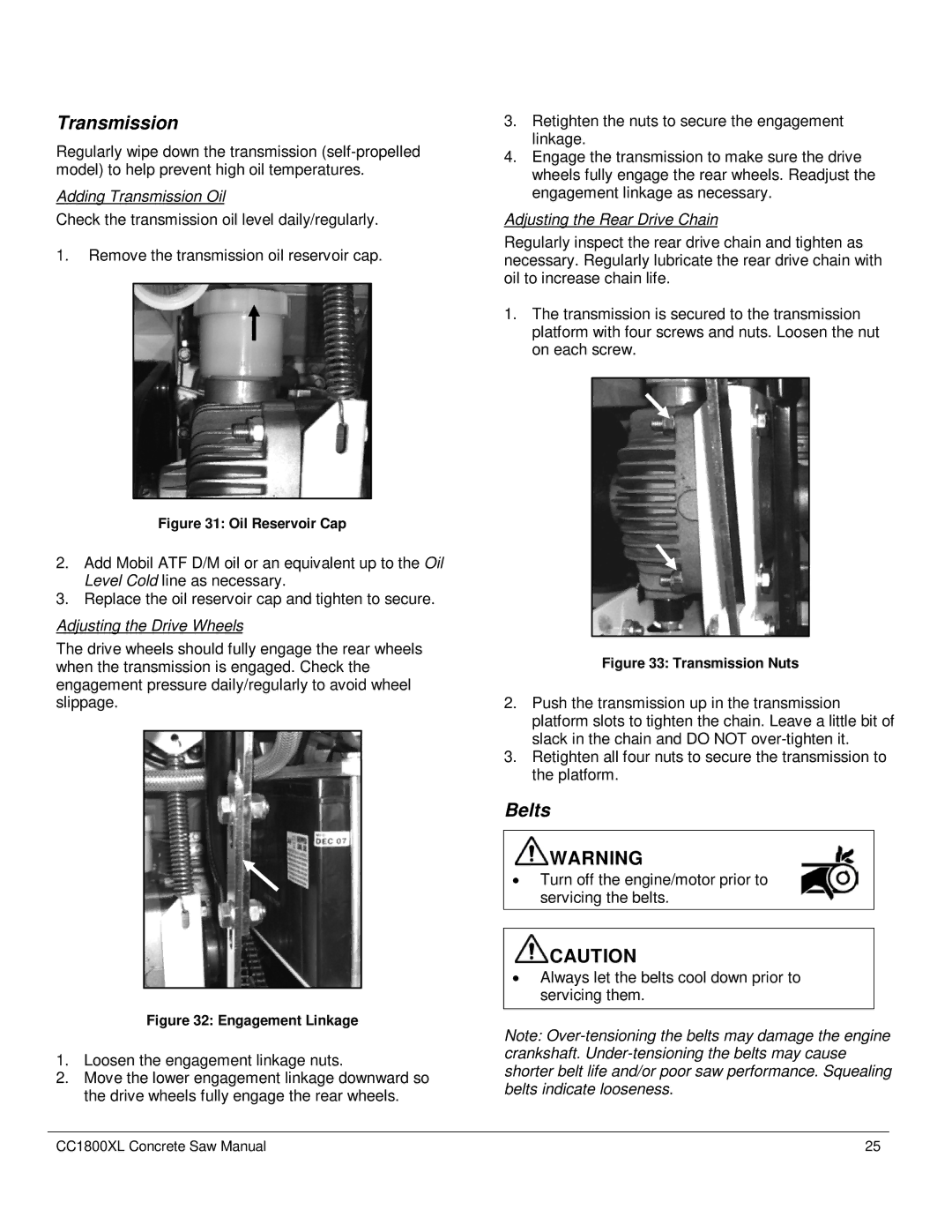 Diamond CC1800 manual Belts, Adding Transmission Oil, Adjusting the Drive Wheels, Adjusting the Rear Drive Chain 