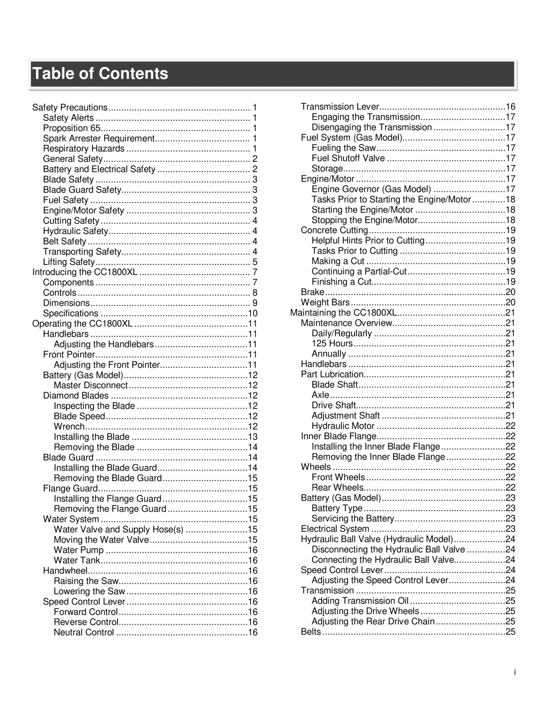 Diamond CC1800 manual Table of Contents 