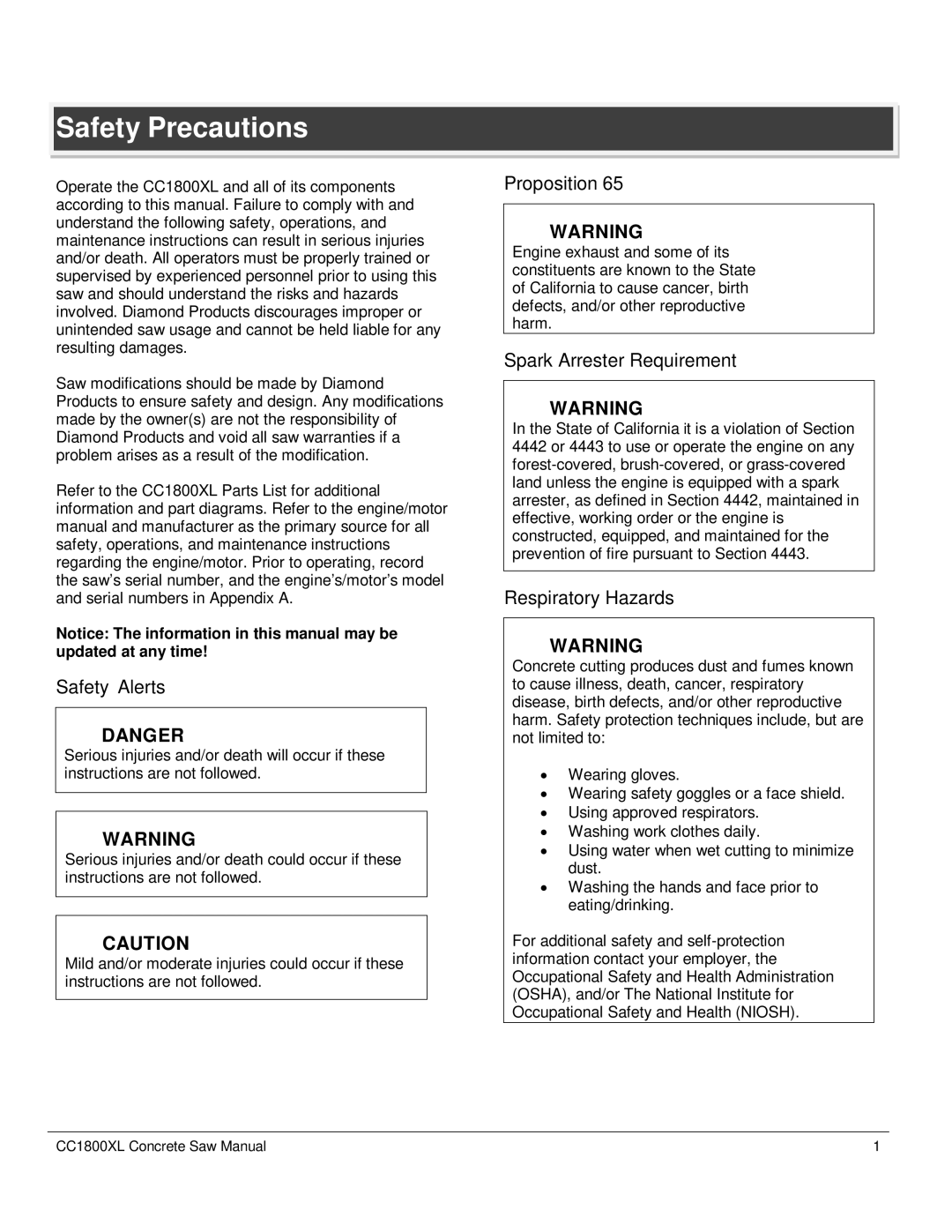 Diamond CC1800 manual Safety Precautions, Safety Alerts, Proposition, Spark Arrester Requirement, Respiratory Hazards 