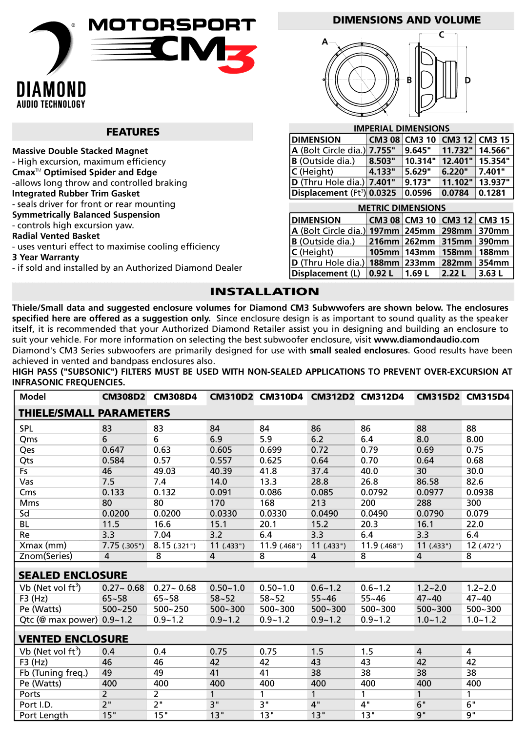 Diamond CM315D2 dimensions Dimensions and Volume Features, Installation, THIELE/SMALL Parameters, Sealed Enclosure 