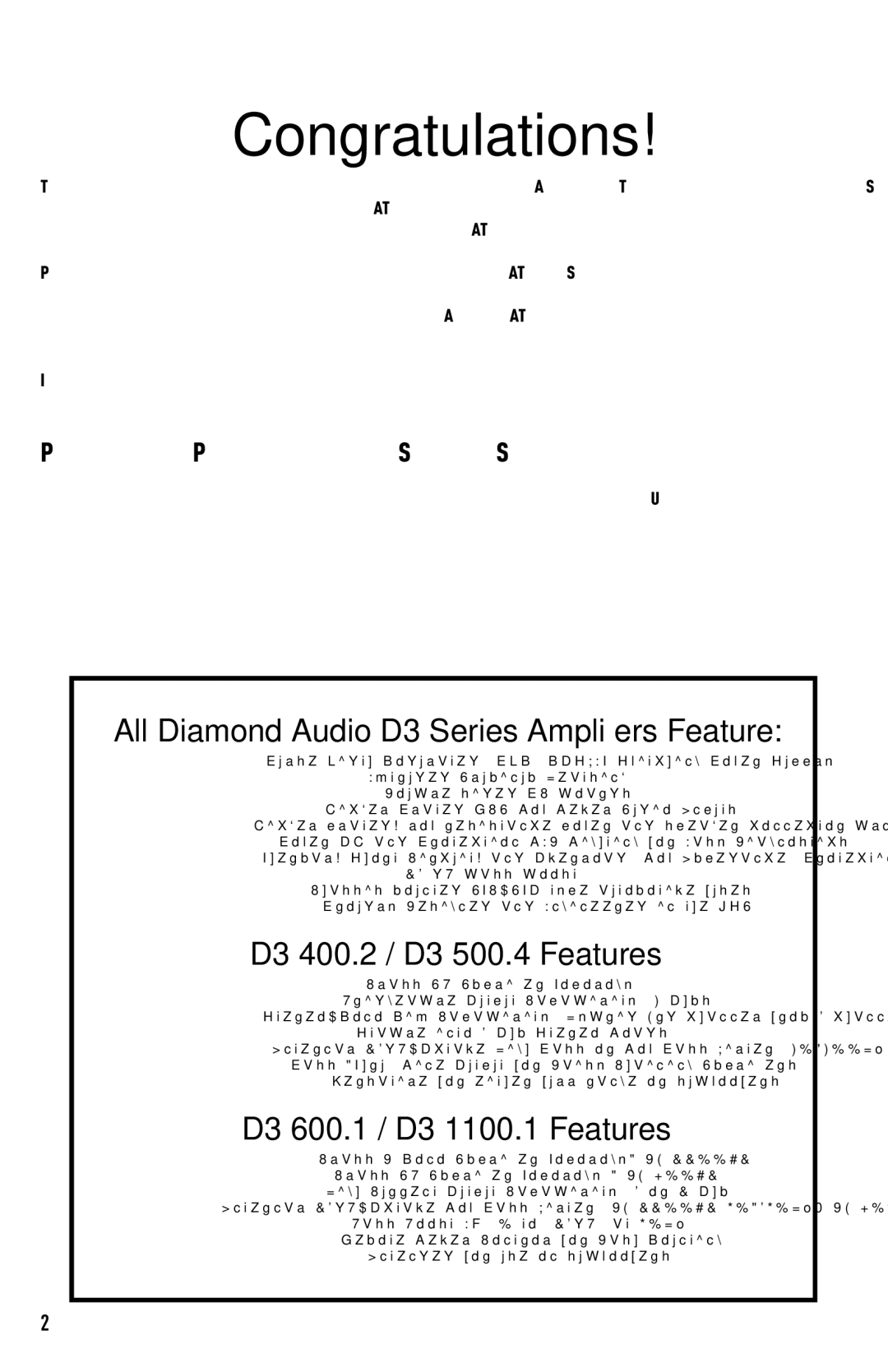 Diamond D3 1100.1, D3 600.1 manual All Diamond Audio D3 Series Ampliﬁers Feature, D3 400.2 / D3 500.4 Features 