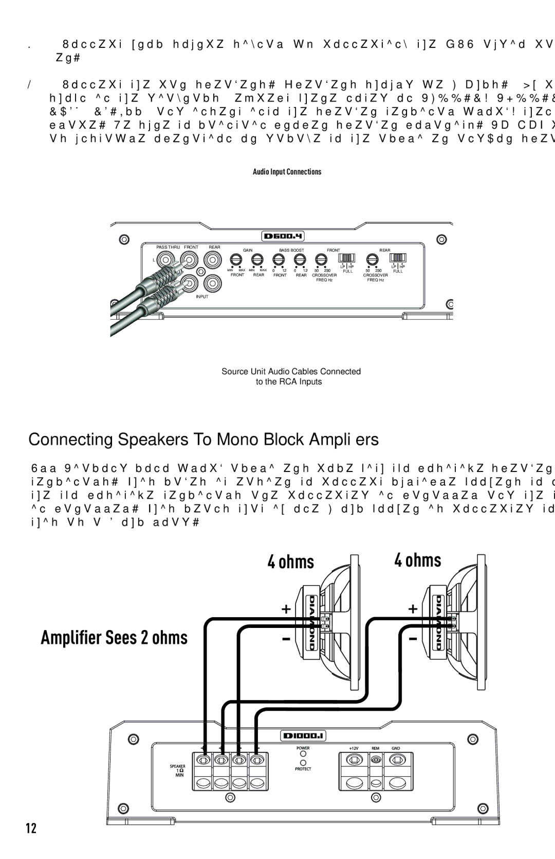 Diamond D300.2, D300.4, D400.1, D1000.1, D600.1, D600.4 Connecting Speakers To Mono Block Amplifiers, Audio Input Connections 