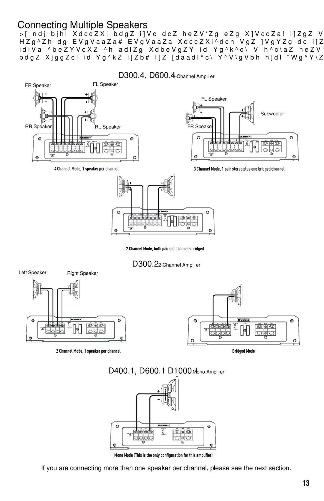 Diamond D300.4, D300.2, D400.1, D1000.1 Connecting Multiple Speakers, FR Speaker FL Speaker Subwoofer RR Speaker RL Speaker 