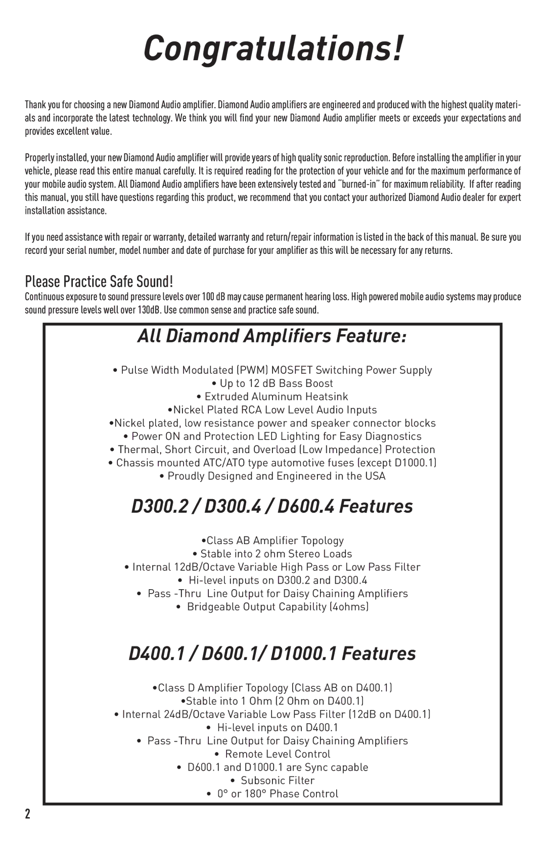 Diamond All Diamond Amplifiers Feature, D300.2 / D300.4 / D600.4 Features, D400.1 / D600.1/ D1000.1 Features 