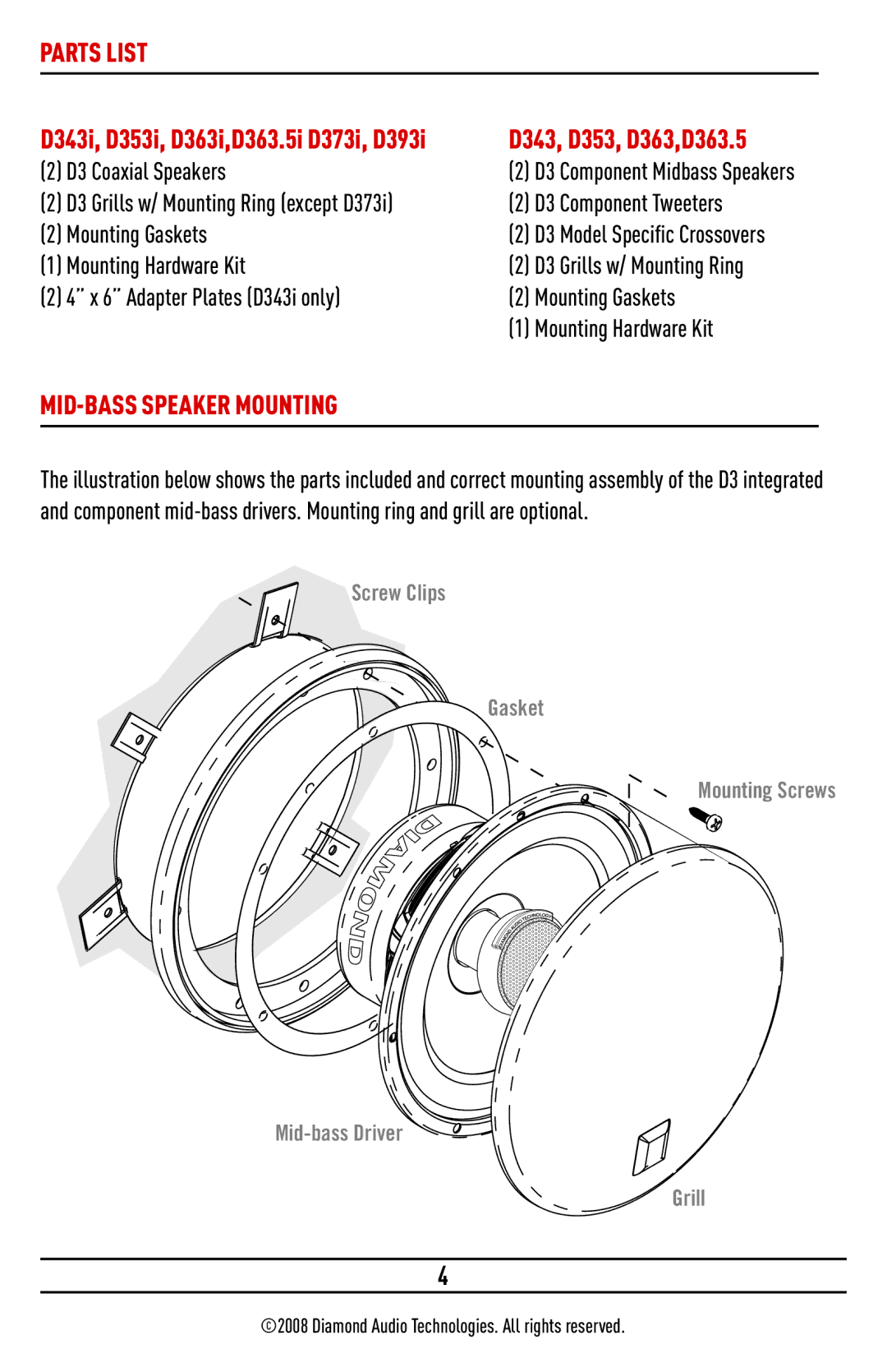 Diamond D393I, D373I, D363.5I, D343I, D363I, D353I installation manual Parts List, MID-BASS Speaker Mounting 