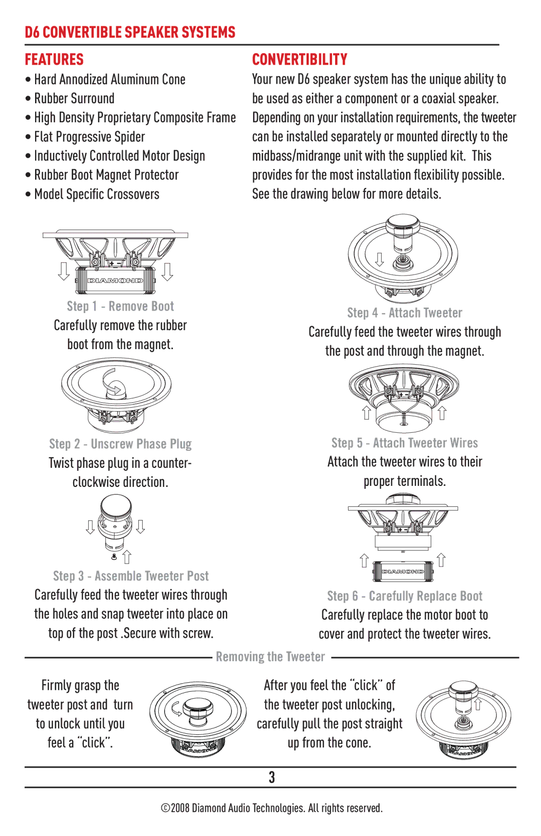 Diamond D662, D652 installation manual D6 Convertible Speaker Systems Features Convertibility 