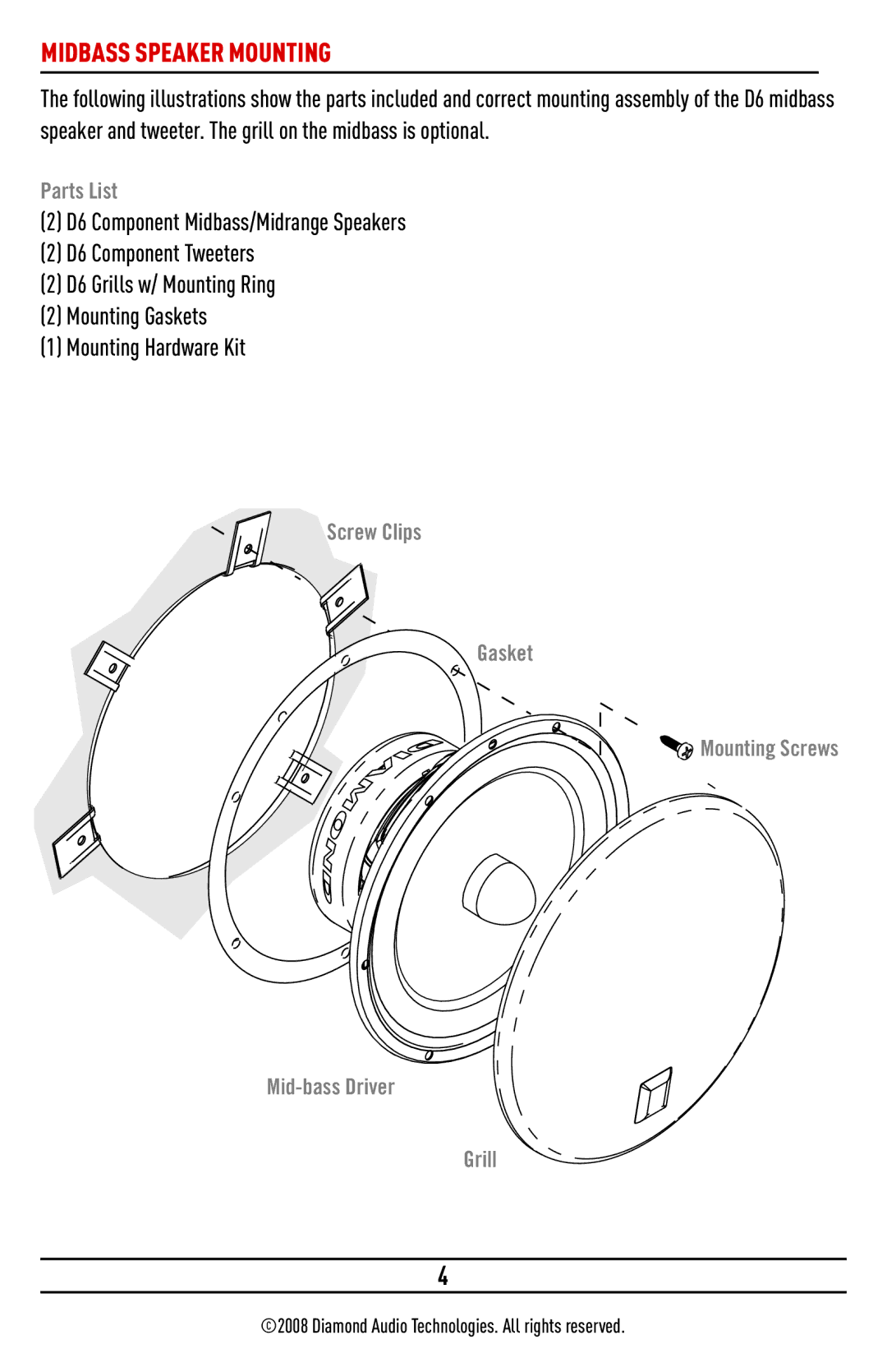 Diamond D652, D662 Midbass Speaker Mounting, Parts List, Screw Clips Gasket Mounting Screws Mid-bass Driver Grill 