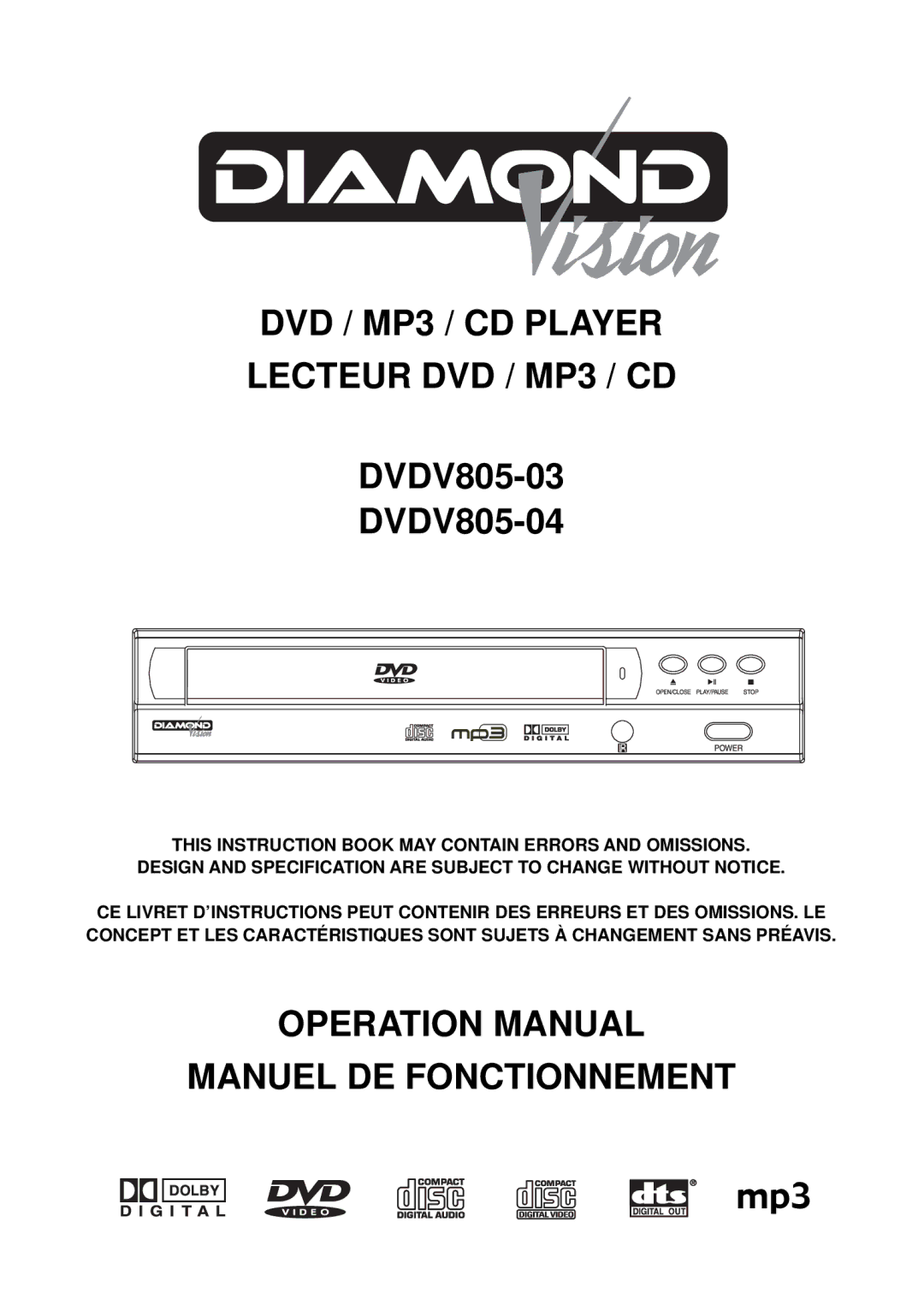 Diamond DVDV805-03 operation manual DVD / MP3 / CD Player Lecteur DVD / MP3 / CD 