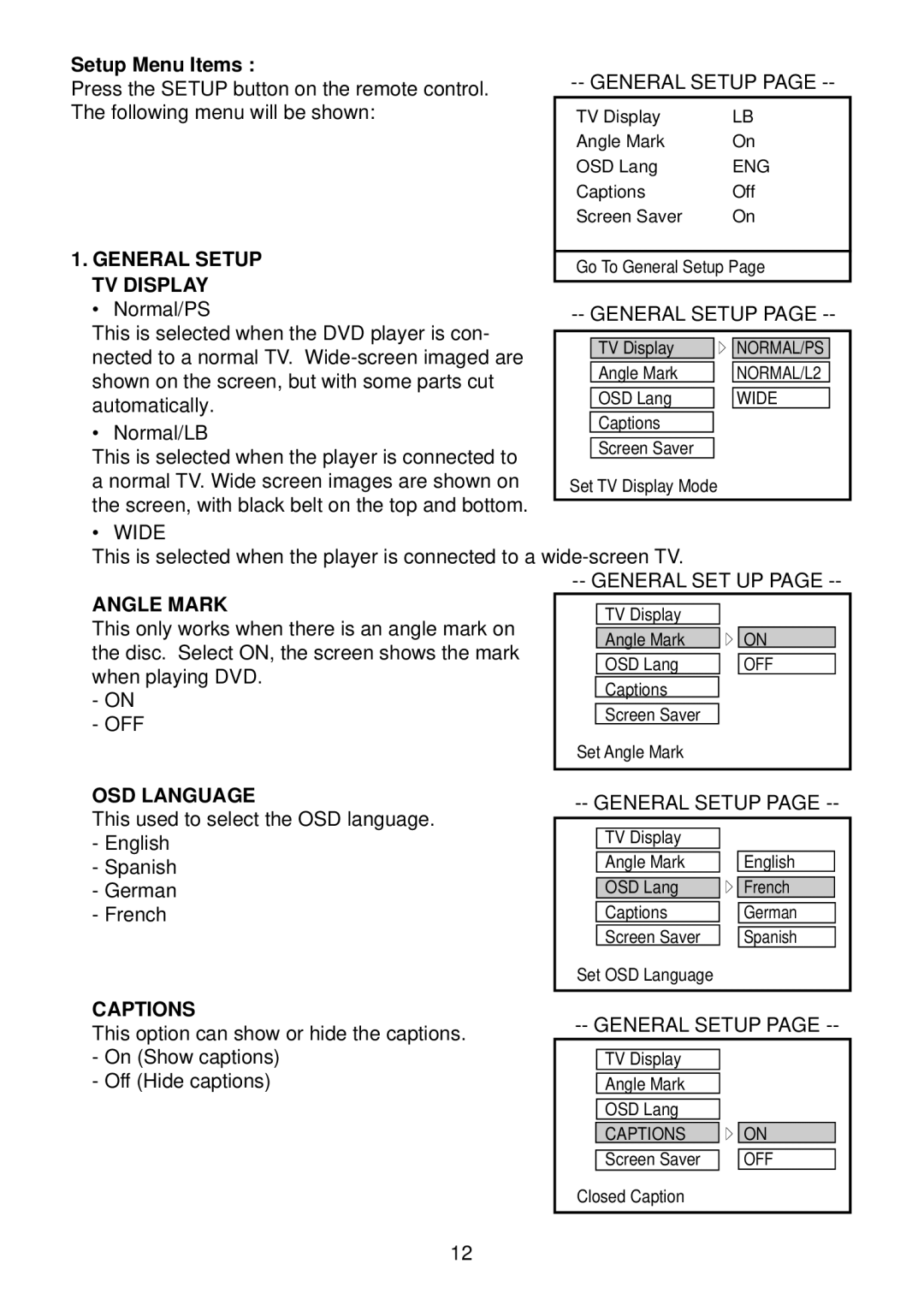 Diamond DVDV805-03 operation manual Setup Menu Items, General Setup TV Display, Angle Mark, OSD Language, Captions 