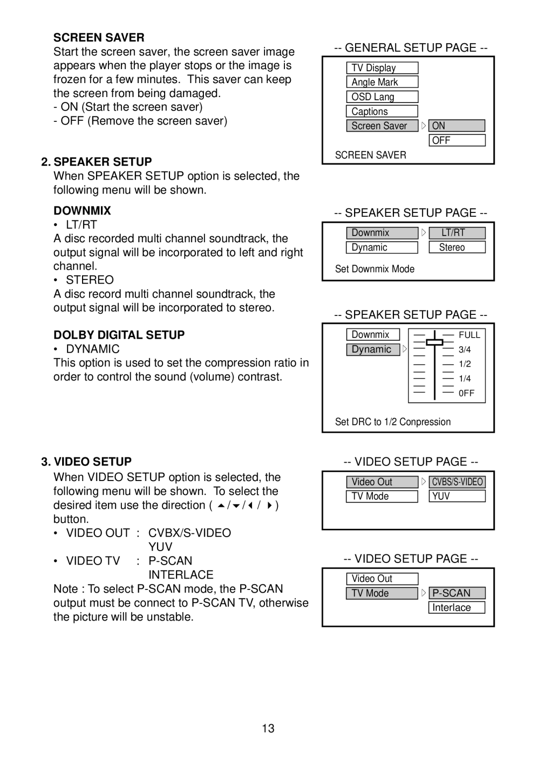 Diamond DVDV805-03 operation manual Screen Saver, Speaker Setup, Downmix, Dolby Digital Setup, Video Setup 