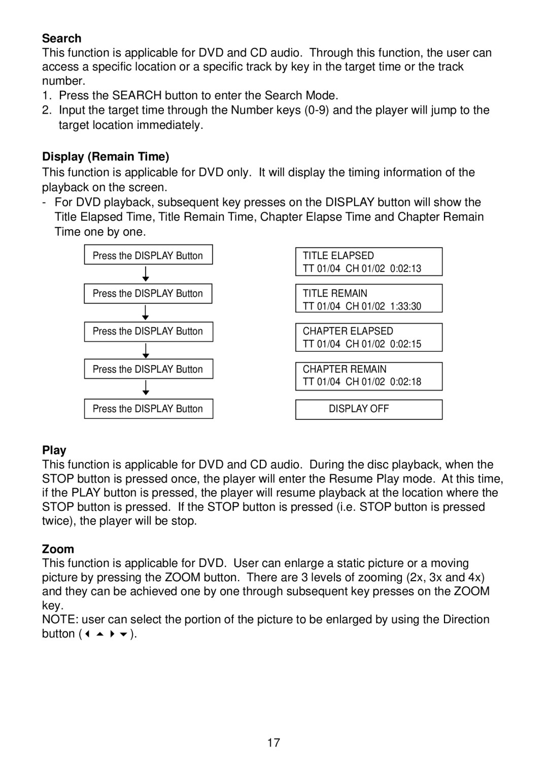 Diamond DVDV805-03 operation manual Search, Display Remain Time, Play, Zoom 