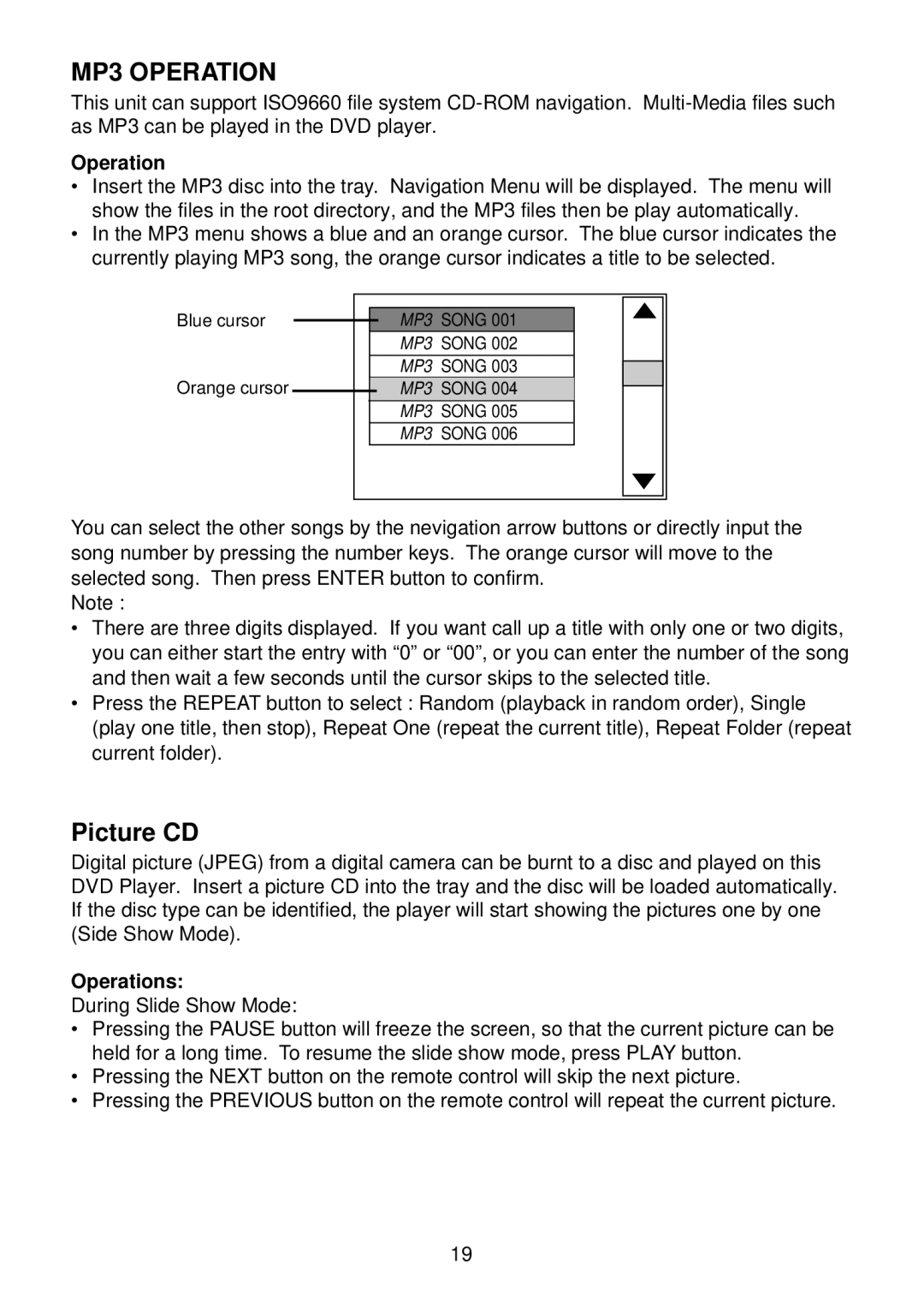 Diamond DVDV805-03 operation manual Picture CD, Operations 