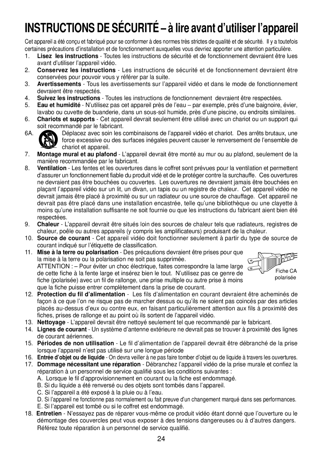 Diamond DVDV805-03 operation manual Instructions DE Sécurité à lire avant d’utiliser l’appareil 