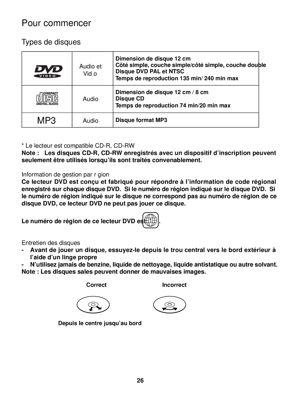 Diamond DVDV805-03 operation manual Types de disques, Entretien des disques 