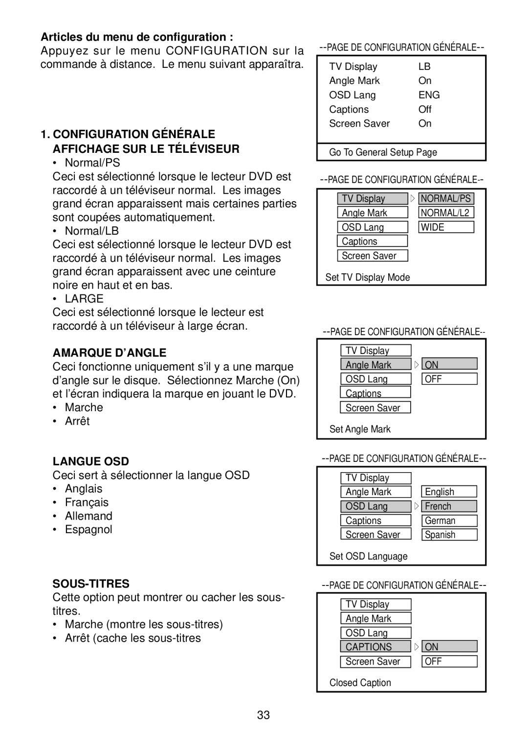 Diamond DVDV805-03 Articles du menu de configuration, Configuration Générale Affichage SUR LE Téléviseur, Amarque D’ANGLE 