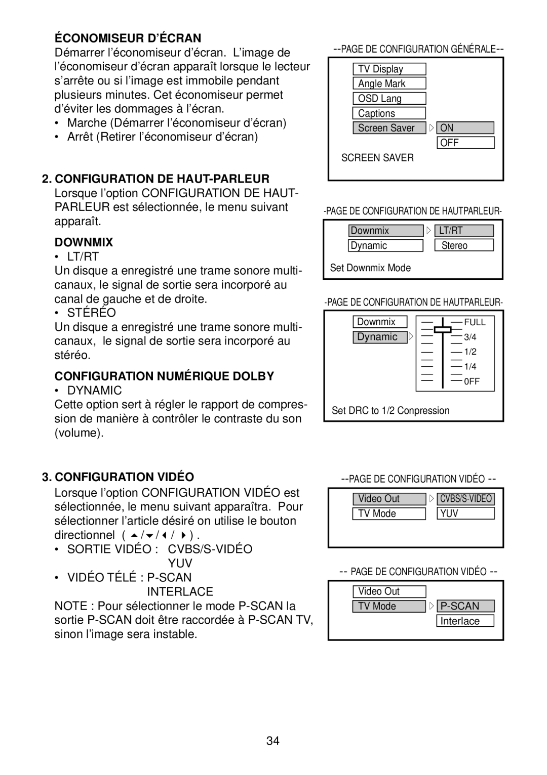 Diamond DVDV805-03 operation manual Économiseur D’ÉCRAN, Stéréo, Configuration Numérique Dolby, Configuration Vidéo 