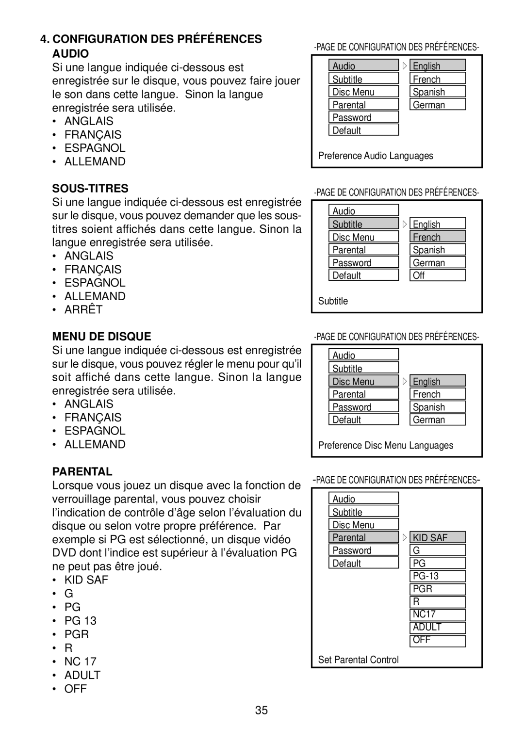 Diamond DVDV805-03 operation manual Configuration DES Préférences Audio, Anglais Français Espagnol Allemand, Menu DE Disque 