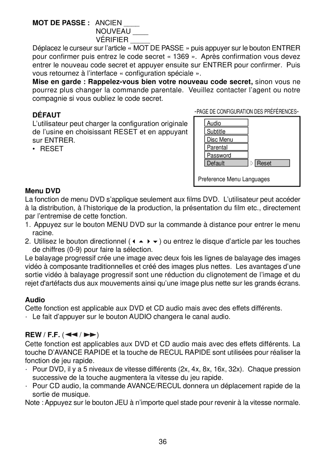 Diamond DVDV805-03 operation manual MOT DE Passe Ancien, Nouveau Vérifier, Défaut, Reset, Menu DVD 