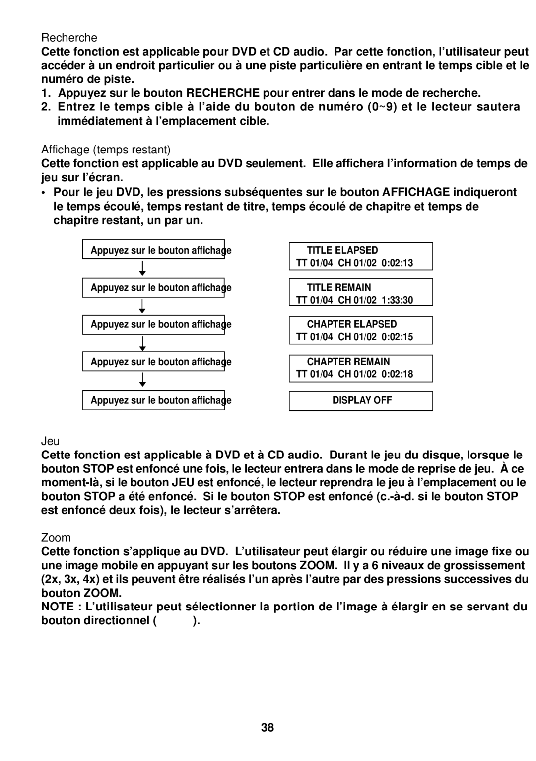 Diamond DVDV805-03 operation manual Recherche, Affichage temps restant, Jeu 