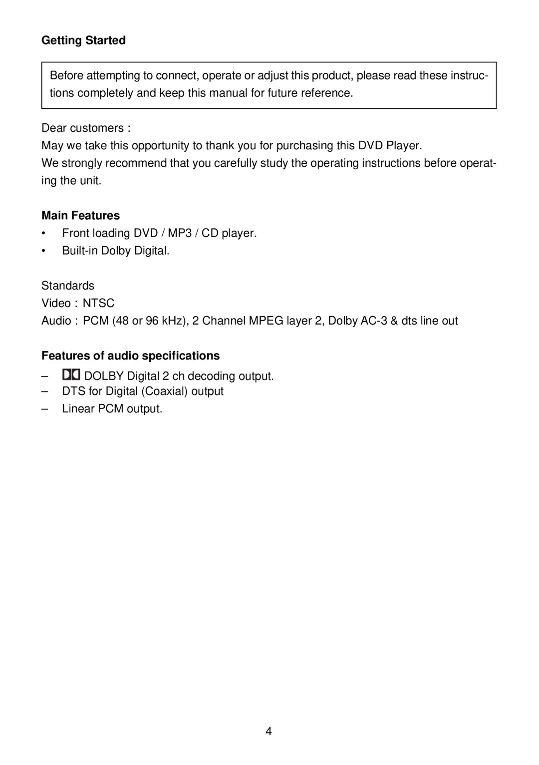 Diamond DVDV805-03 operation manual Getting Started, Main Features, Features of audio specifications 