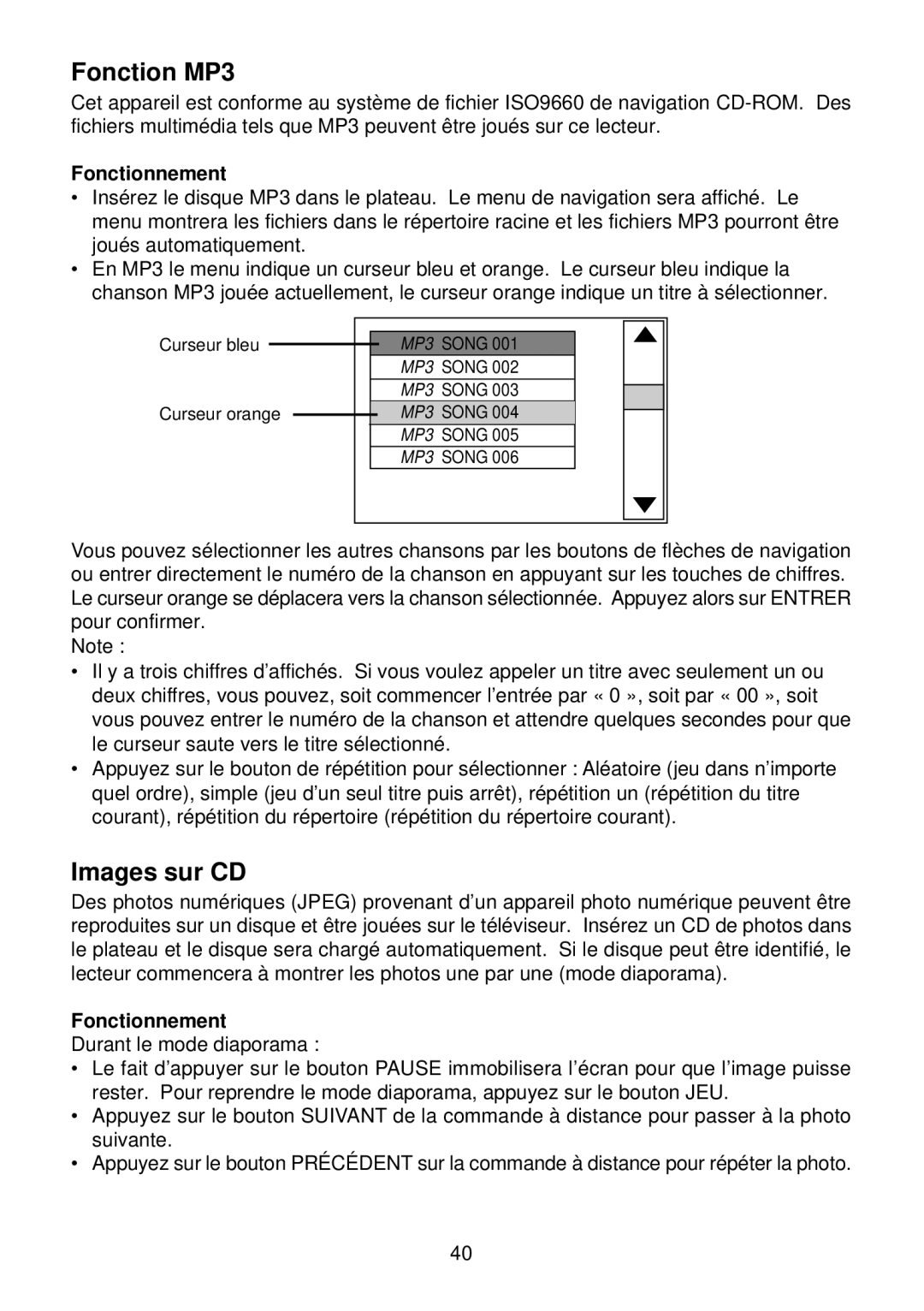 Diamond DVDV805-03 operation manual Fonction MP3, Images sur CD, Fonctionnement 