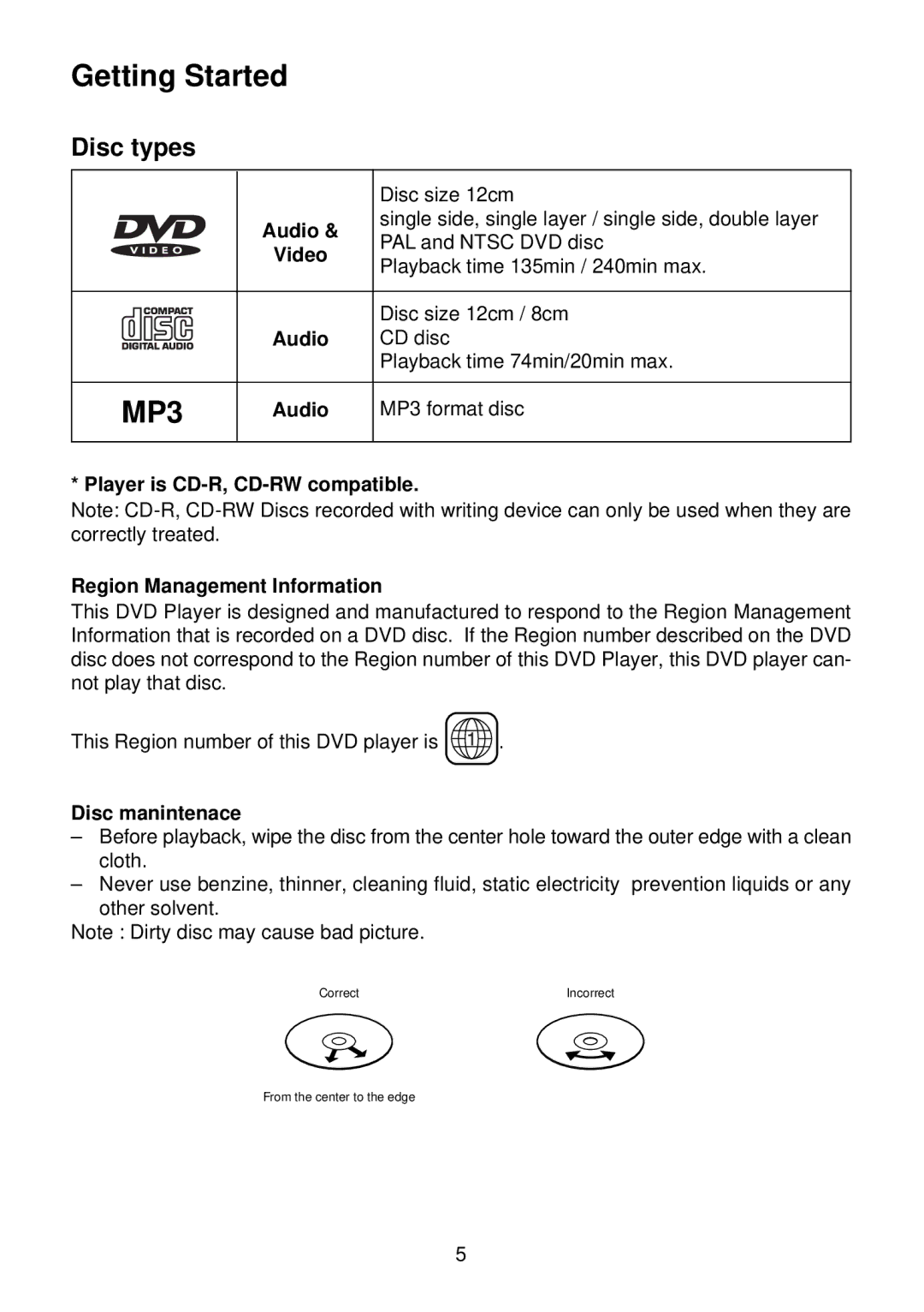 Diamond DVDV805-03 operation manual Disc types, Disc manintenace 