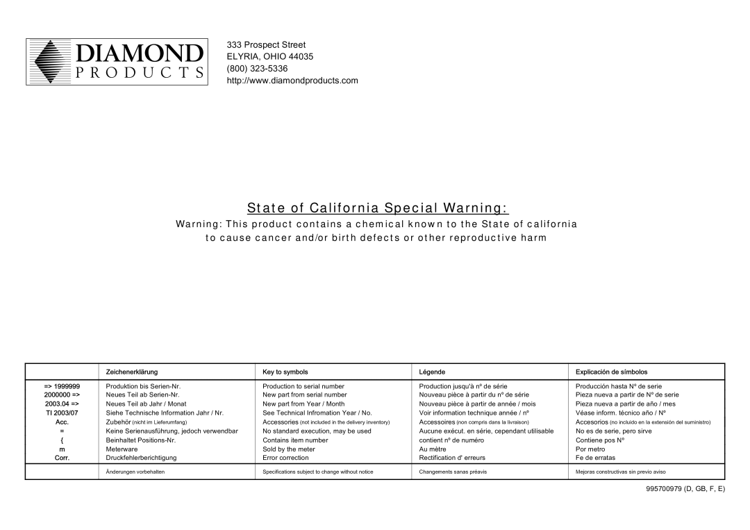 Diamond FC7314, FC7312 manual State of California Special Warning 