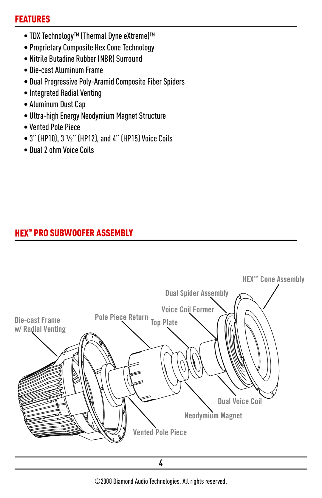 Diamond HP12, HP15, HP10 installation manual Features, HEX PRO Subwoofer Assembly 