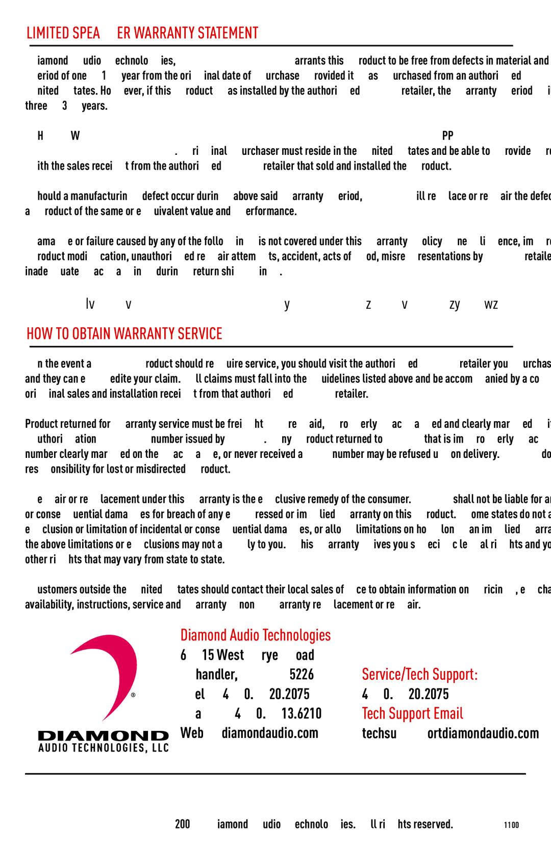 Diamond HP10, HP15, HP12 Limited Speaker Warranty Statement, HOW to Obtain Warranty Service, Diamond Audio Technologies 