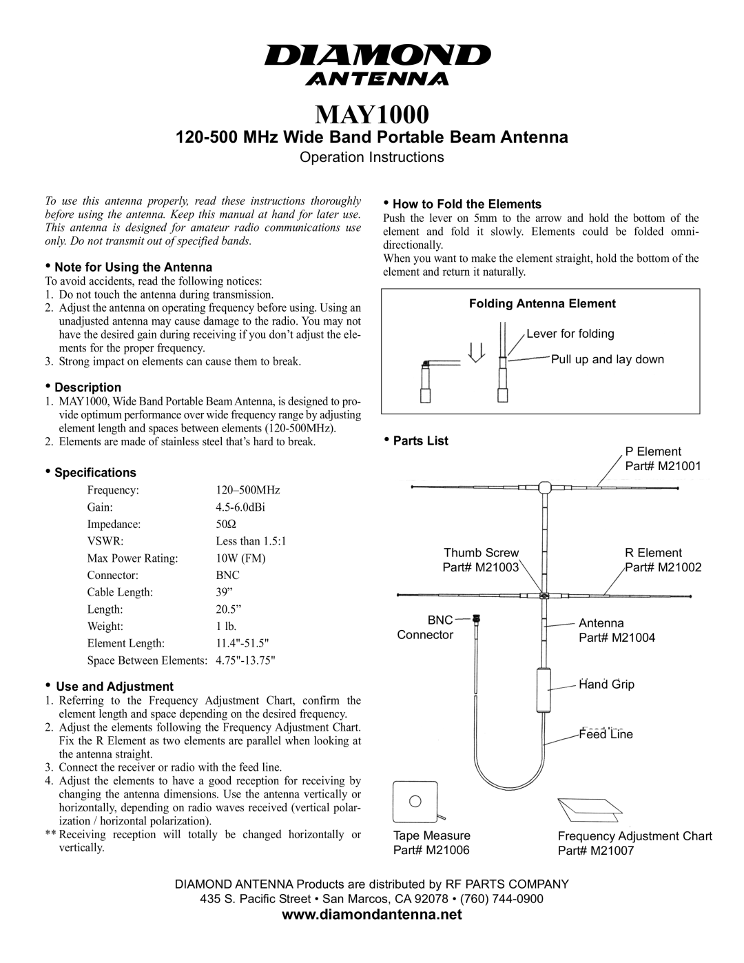 Diamond MAY1000 specifications MHz Wide Band Portable Beam Antenna, Operation Instructions 