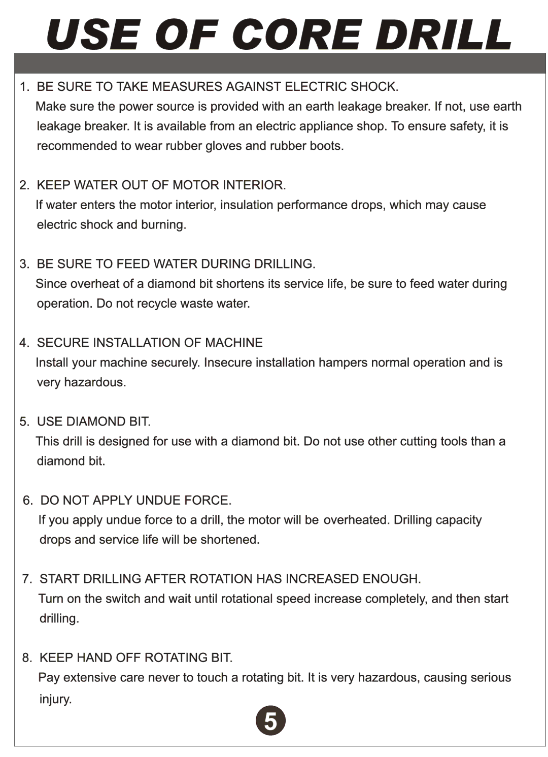 Diamond MIAA-15 manual USE of Core Drill 