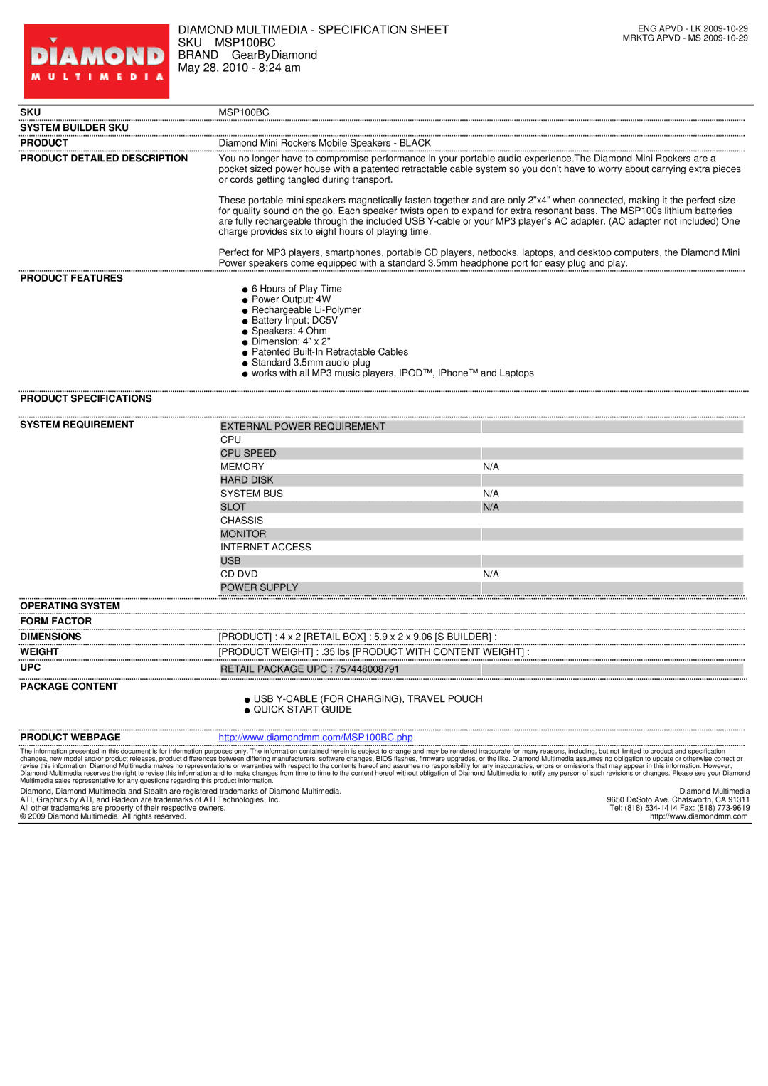 Diamond specifications Diamond Multimedia Specification Sheet SKU MSP100BC, Brand GearByDiamond May 28, 2010 824 am 