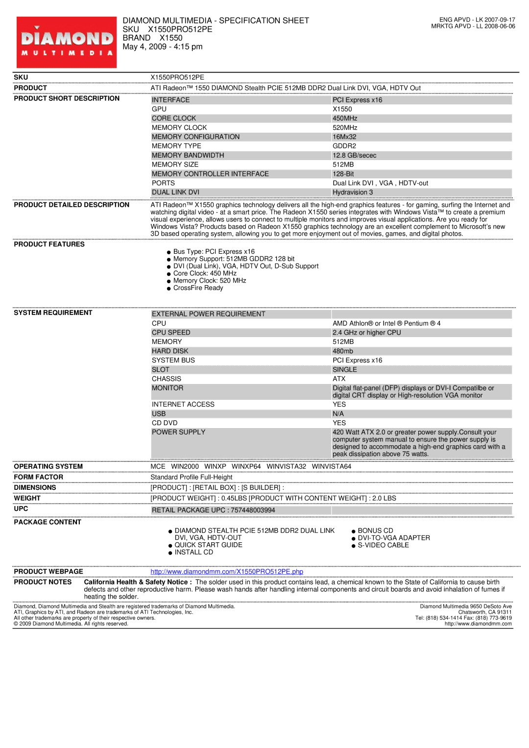 Diamond Multimedia 1550 DIAMOND specifications Diamond Multimedia Specification Sheet, Sku, X1550PRO512PE, Brand 