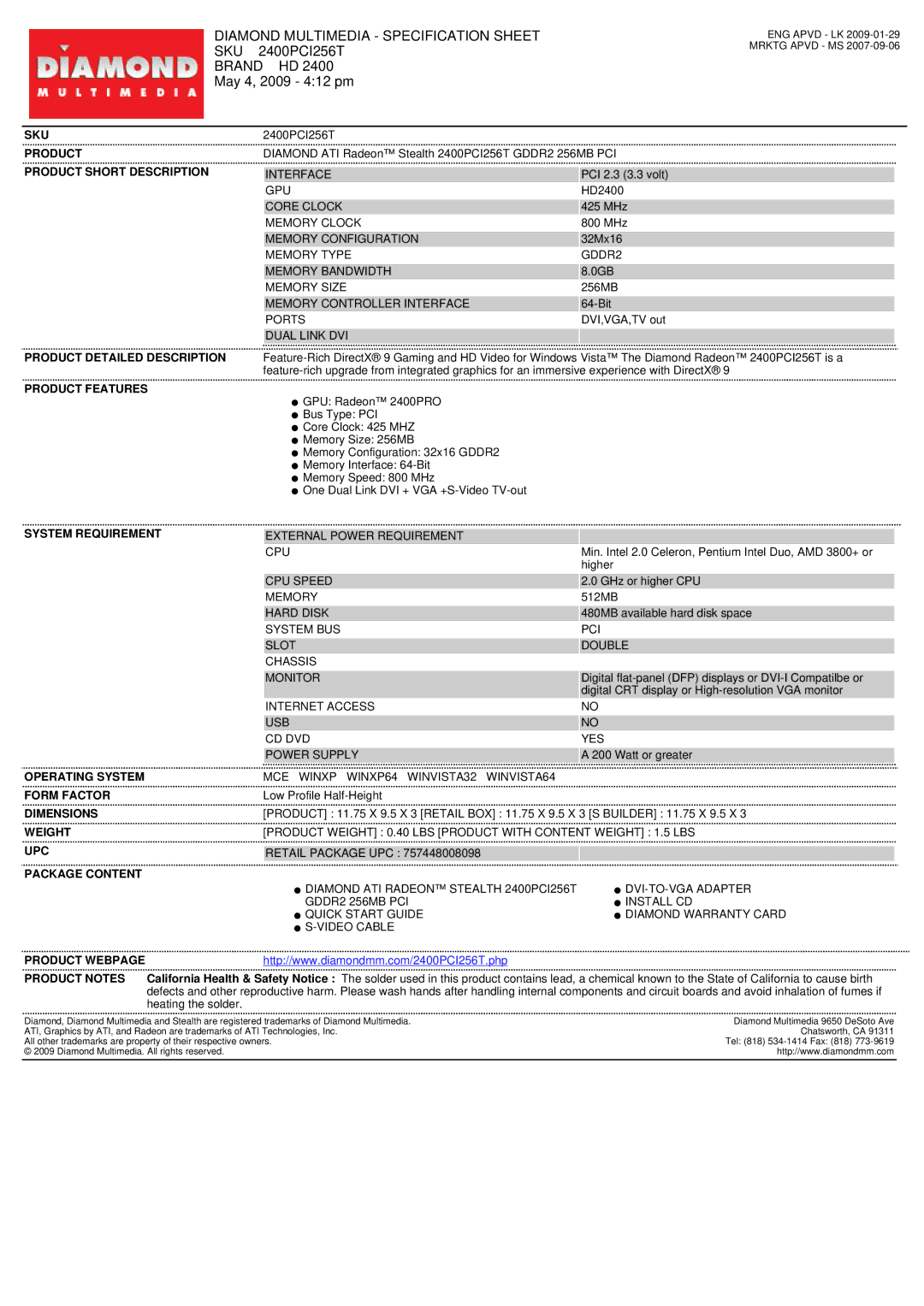 Diamond Multimedia 2400PCI256T specifications Diamond Multimedia Specification Sheet, Sku, Brand HD, May 4, 2009 412 pm 