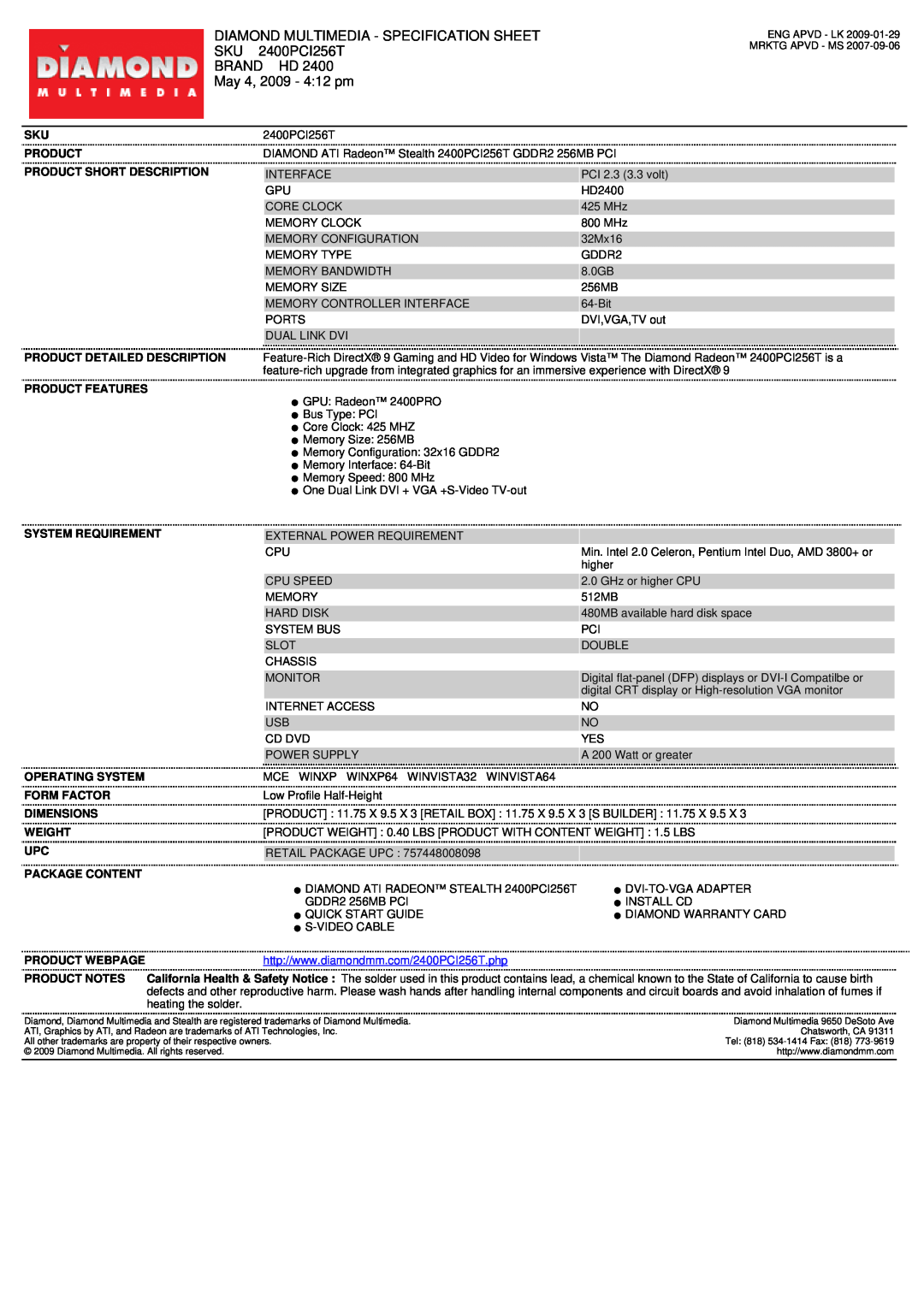 Diamond Multimedia 2400PCI256T specifications Diamond Multimedia - Specification Sheet, Brand Hd, May 4, 2009 - 412 pm 