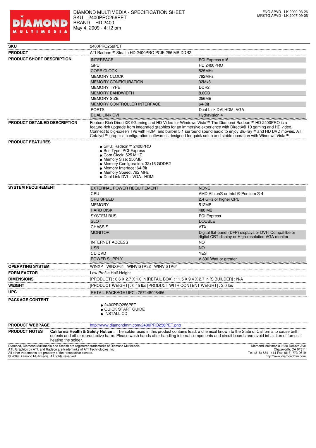 Diamond Multimedia 2400PRO256PET specifications Diamond Multimedia Specification Sheet, Sku, Brand HD, May 4, 2009 412 pm 