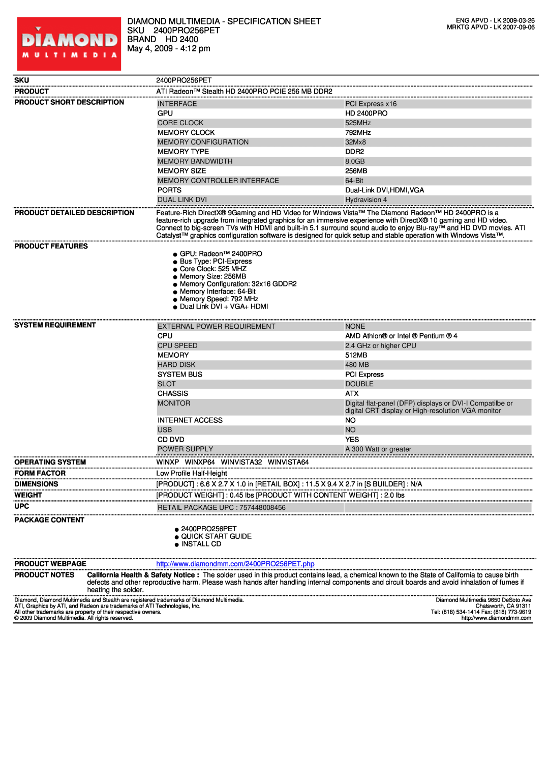 Diamond Multimedia 2400PRO256PET specifications Diamond Multimedia - Specification Sheet, Brand Hd, May 4, 2009 - 412 pm 