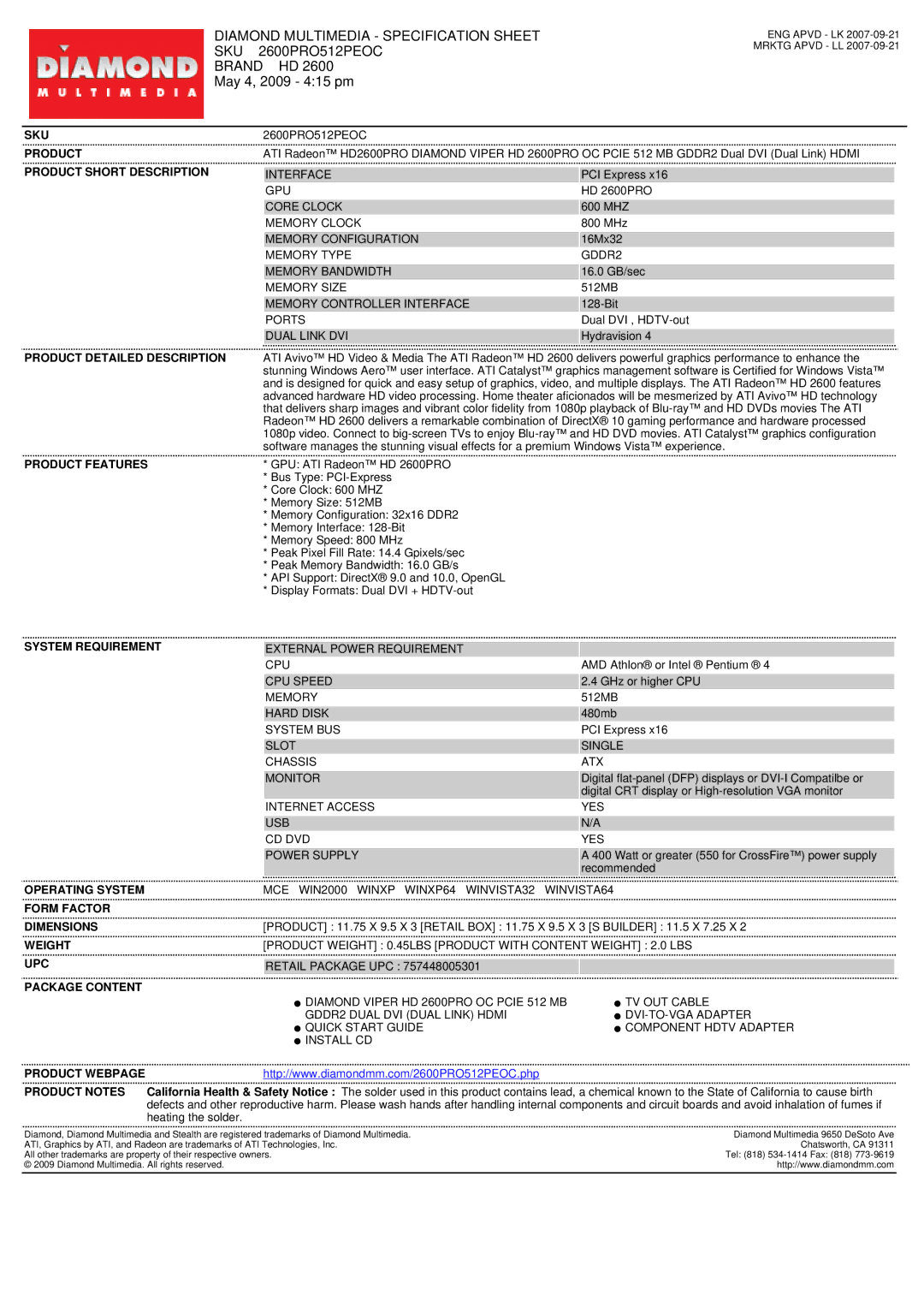 Diamond Multimedia 2600PRO512PEOC specifications Diamond Multimedia Specification Sheet, Sku, Brand HD, May 4, 2009 415 pm 