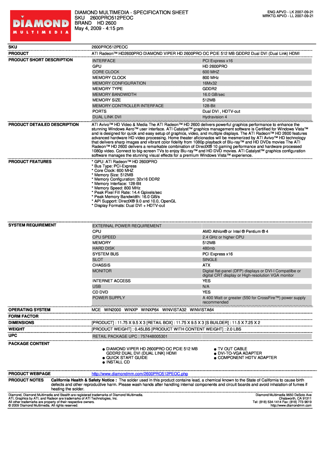 Diamond Multimedia 2600PRO512PEOC specifications Diamond Multimedia - Specification Sheet, Brand Hd, May 4, 2009 - 415 pm 