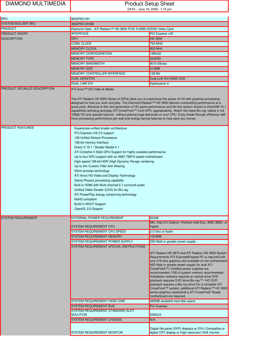 Diamond Multimedia 3650PE512H manual Diamond Multimedia, Product Setup Sheet 