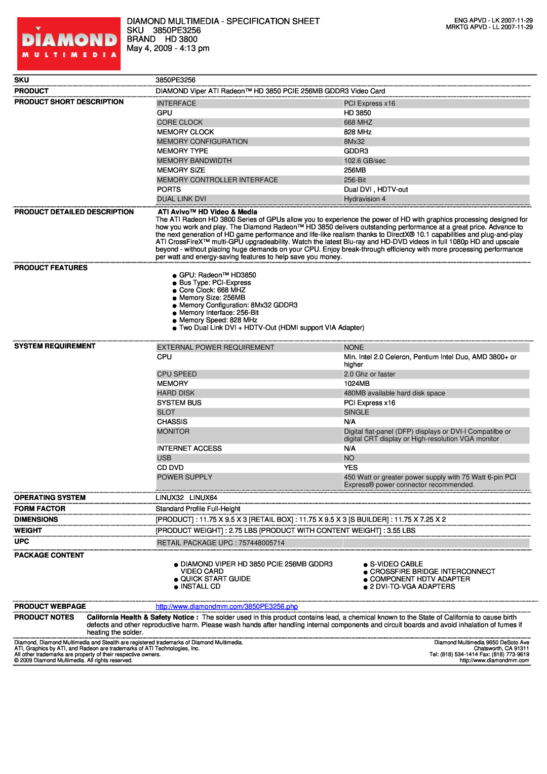 Diamond Multimedia 3850PE3256 specifications Diamond Multimedia - Specification Sheet, Brand Hd, May 4, 2009 - 413 pm 