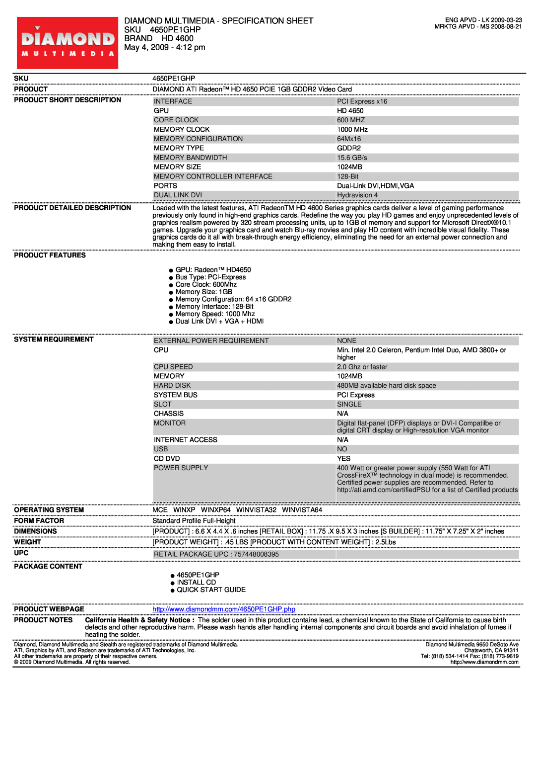 Diamond Multimedia 4650PE1GHP specifications Diamond Multimedia - Specification Sheet, Brand Hd, May 4, 2009 - 412 pm 