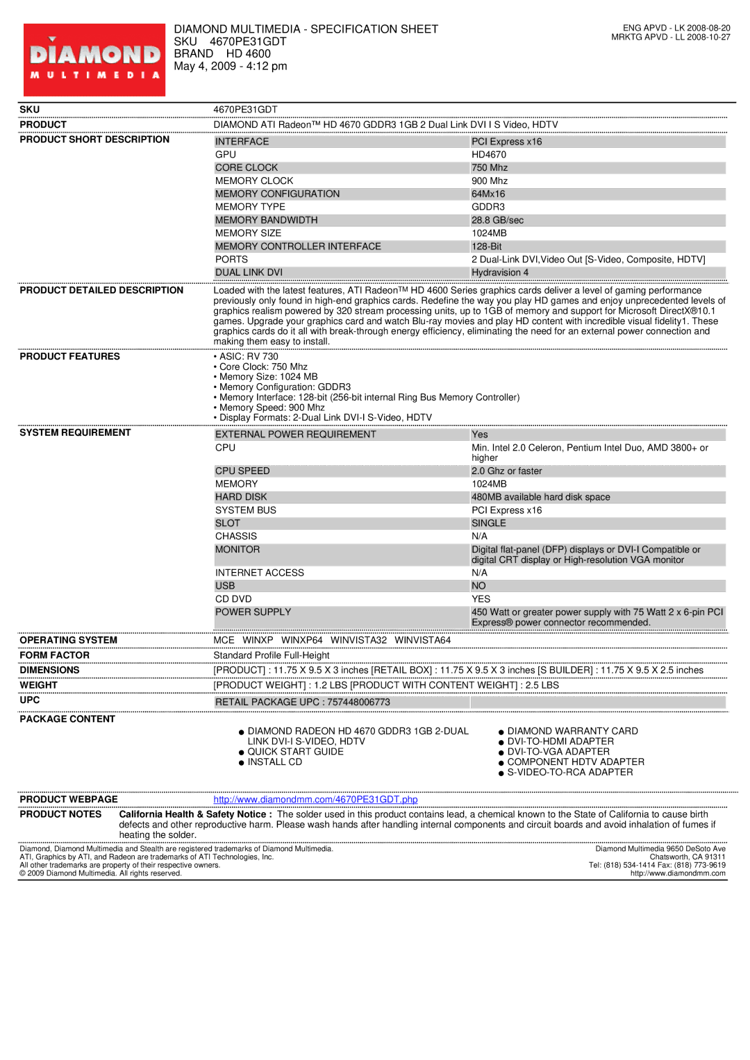 Diamond Multimedia 4670PE31GDT specifications Sku, Product Short Description, Product Detailed Description 